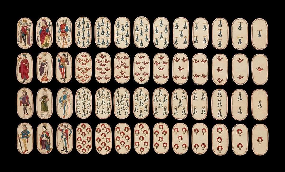 histories_arch's tweet photo. Cloisters Playing Cards; 1475–80. 
Made in Burgundian territories (South Netherlandish)
Medium: Paper (four layers of pasteboard) with pen and ink, opaque paint, glazes, and applied silver and gold. Dimensions: (13.2 × 7 cm)

MET Museum

#archaeohistories https://t.co/jt7zyWIobZ
