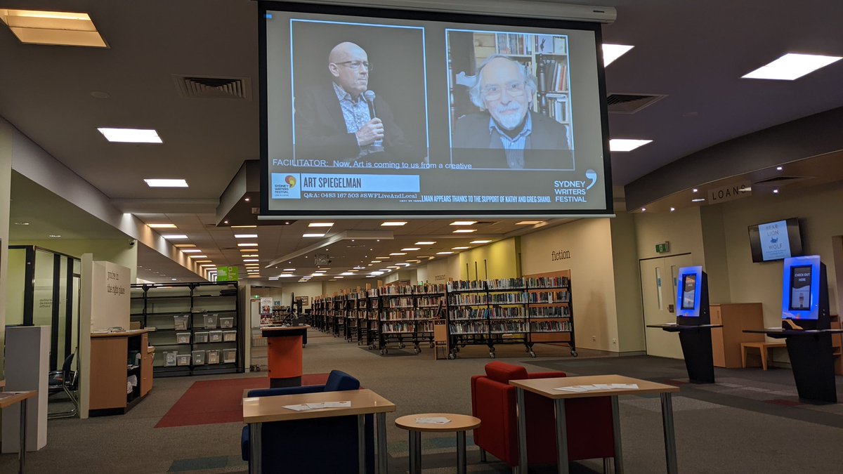 InnovationStew's tweet photo. Art Spiegelman talking at the Sydney Writer's Festival - streamed Live and Local to our Tamworth City Library, Nundle Library and Quirindi Library branches today and throughout the weekend! #SWFLiveAndLocal #Maus https://t.co/ViGQRZmTrZ