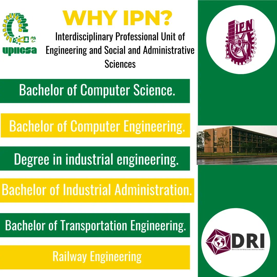 IPN_DRI's tweet photo. Did You know the different degrees offered by @UPIICSA?
#WHYIPN
#UPIICSA #EngineeringIndustrial
#ComputerScience
#Transportation https://t.co/MFXjdR46J0