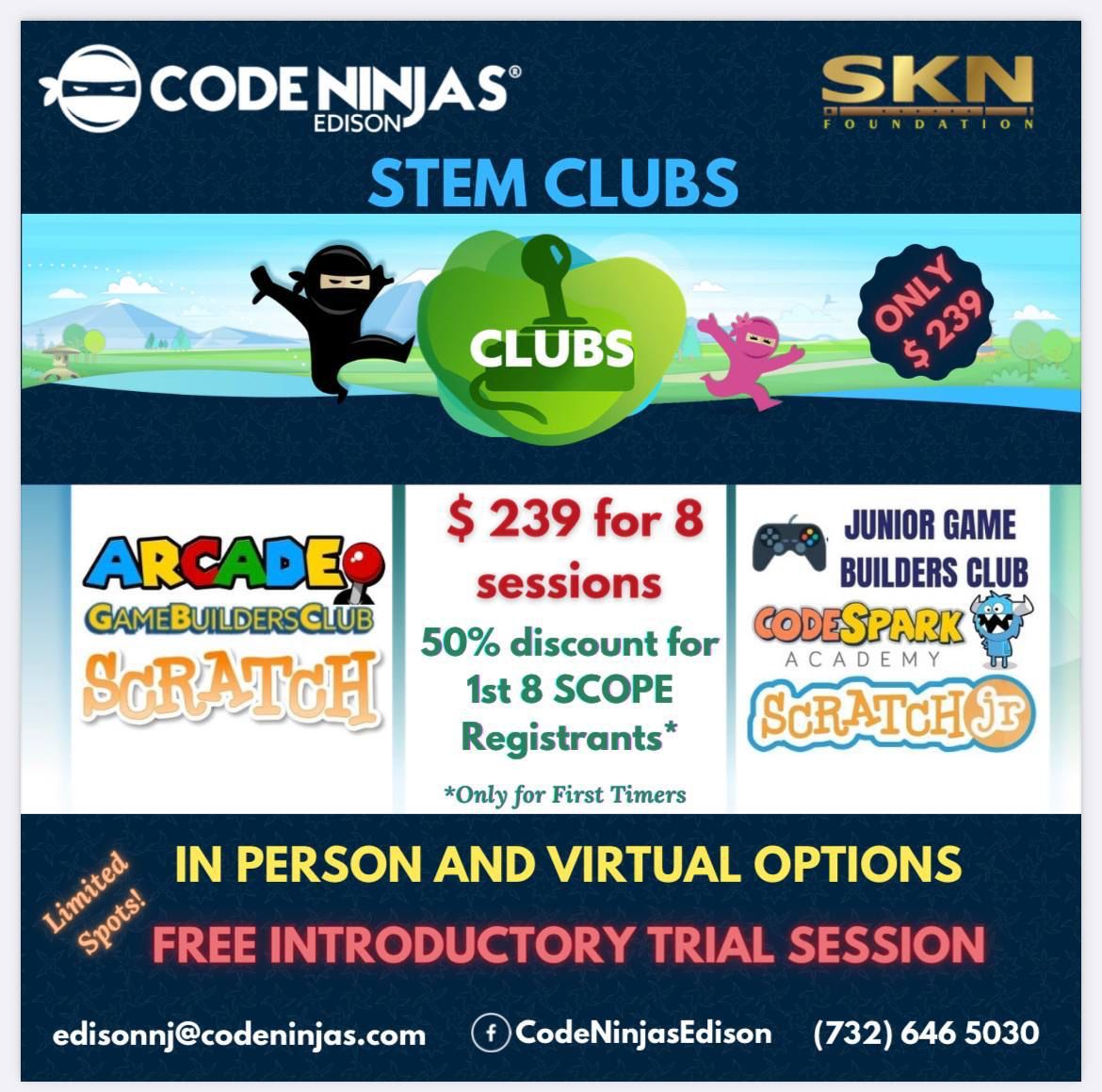 SKNFoundation (@foundationskn) on Twitter photo Code Ninjas Summer camp opportunity! The first 8 SCOPE registrants will get 50% off the original price! (Only members and 1st-timers). You pay only $119.5 FREE trial class (in-person), Flexible dates, In-person, and virtual options for camp. Contact Scopesupport@sknfoundation.org Code Ninjas Summer camp opportunity! The first 8 SCOPE registrants will get 50% off the original price! (Only members and 1st-timers). You pay only $119.5 FREE trial class (in-person), Flexible dates, In-person, and virtual options for camp. Contact Scopesupport@sknfoundation.org