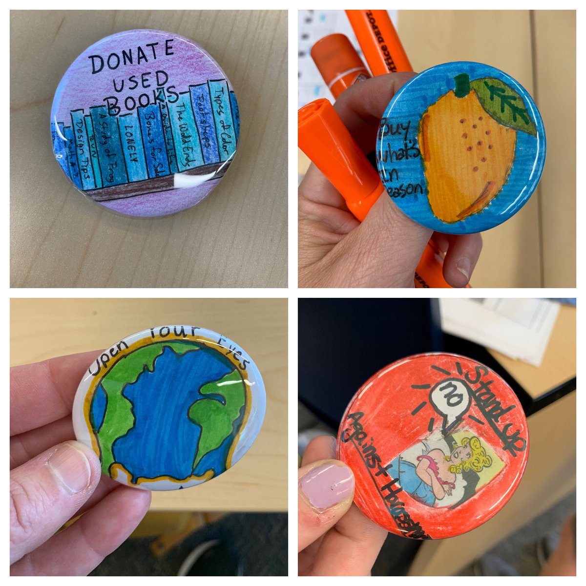 AmyHybarger's tweet photo. Students had fun making buttons based on global goals ❤️@AmericanButton @GlobalGoalsUN #skyranchlibrary #wcsdlibraries @WCSD21 https://t.co/TmwC3bLECw
