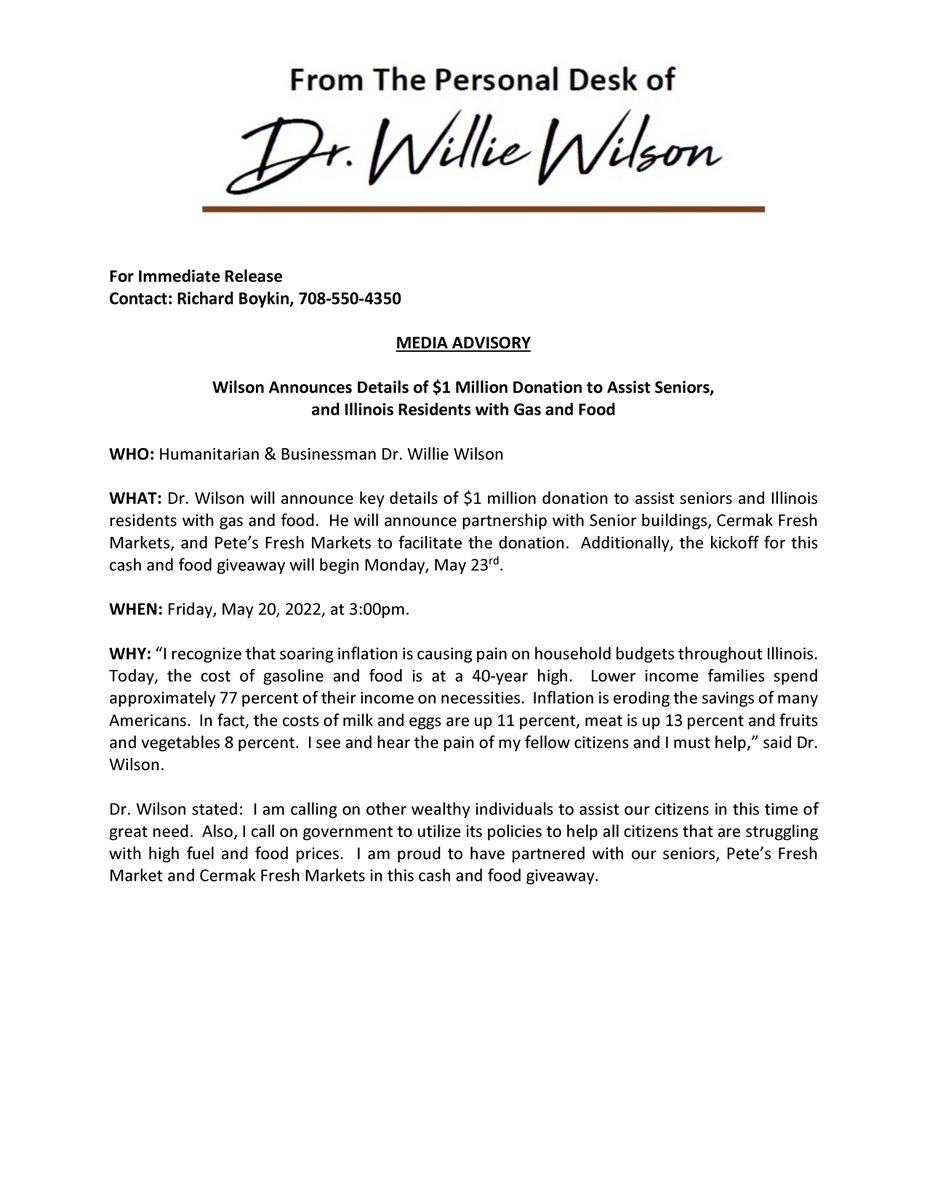 DrWillieWilson's tweet photo. MEDIA ADVISORY
Wilson Announces Details of $1 Million Donation to Assist Seniors, and Illinois Residents with Gas and Food Watch us FB LIVE at 3 pm - tomorrow. #Foodhelp #gashelp #seniors #drwilliewilson https://t.co/vl3Mbmd042