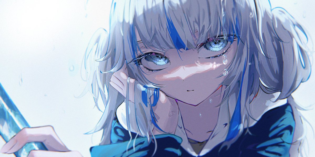 gawr gura 1girl solo blue eyes blue hair streaked hair grey hair looking at viewer  illustration images