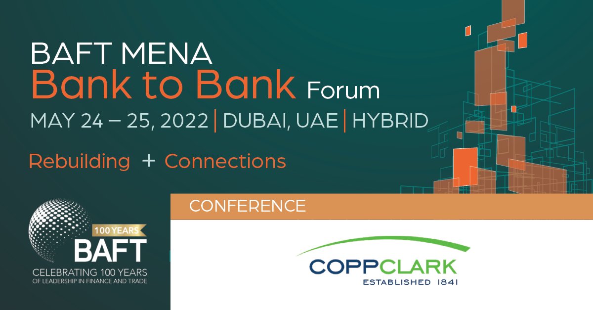 Copp Clark is proud to be a sponsor of the
BAFT MENA Bank to Bank Forum. Learn how we can help your company succeed with a reliable, cost-effective solution for your holiday reference data needs. #BankHolidays #FinancialCalendar #TradingHours #SettlementHolidays #Traders #finance