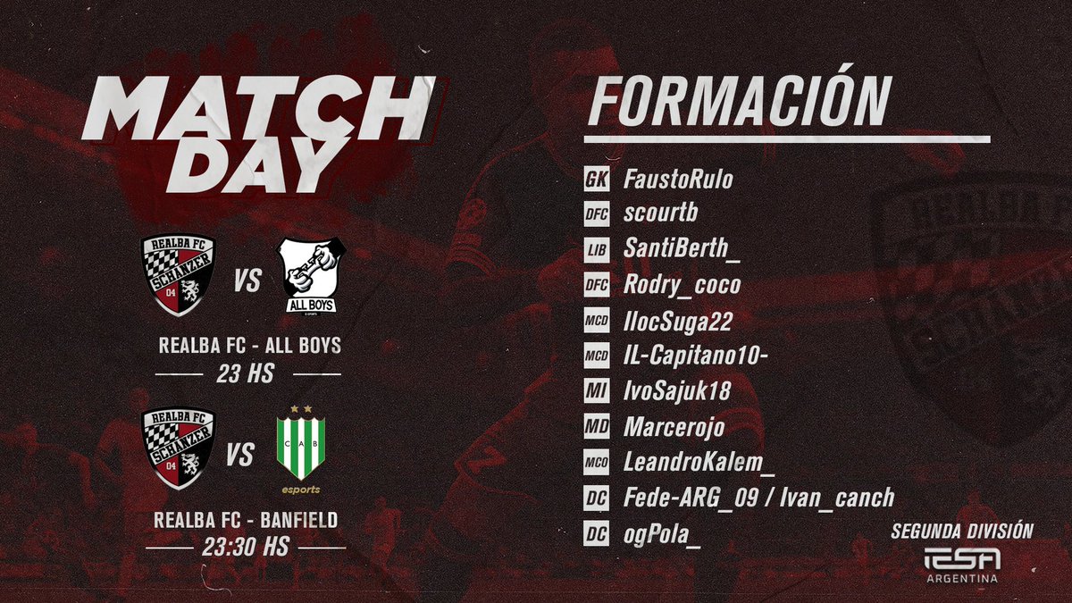| #FIFA22 | Clubes Pro |
 Segunda División <a href="/IESAFIFAar/">IESA Argentina</a>

⚽ Convocados de la Jornada 
 
Correspondientes a las fechas 15 y 16 el rojinegro se enfrentará ante <a href="/AllBoys_eSports/">All Boys eSports 🏆🏆🏆</a> y <a href="/Banfield_eS/">Banfield Esports</a>

Desde las 23hs x twitch.tv/realbafc_ofici…

#VuelveRealba🖤❤️🖤