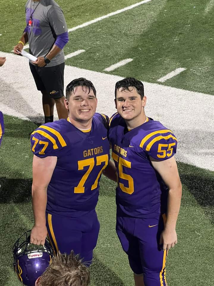 Spring football tonight. Our grandson, Trey on the left, Matthew on the right. Senior next year. Love, you so much, Mimi. Go Gators!!! 🐊💜💛🐊