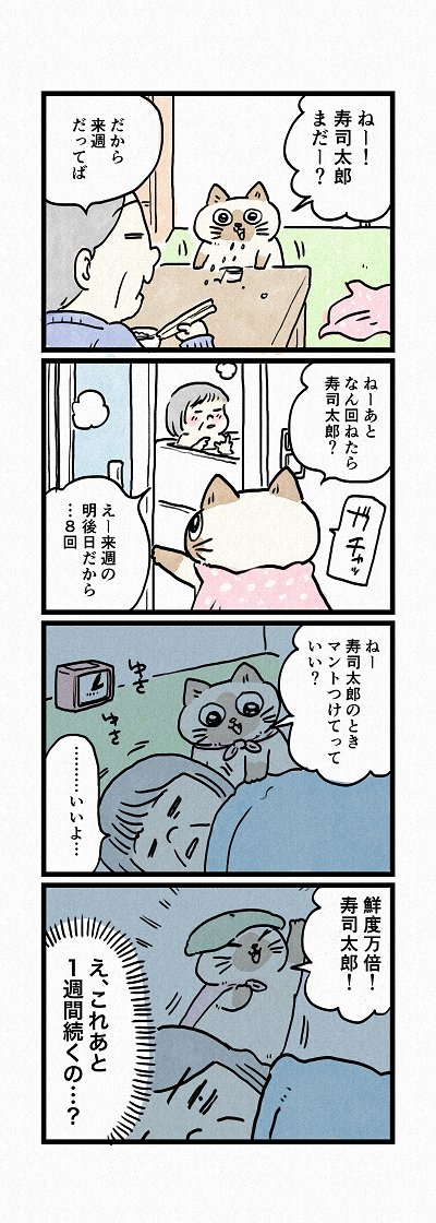 寿司太郎に会える日が、、!?
第167話「寿司太郎がくる!その1」はこちらから⇒
(https://t.co/7n0hxZXwVi
 )
『猫のおふくちゃん』の最新話は毎週金曜日に連載中! 