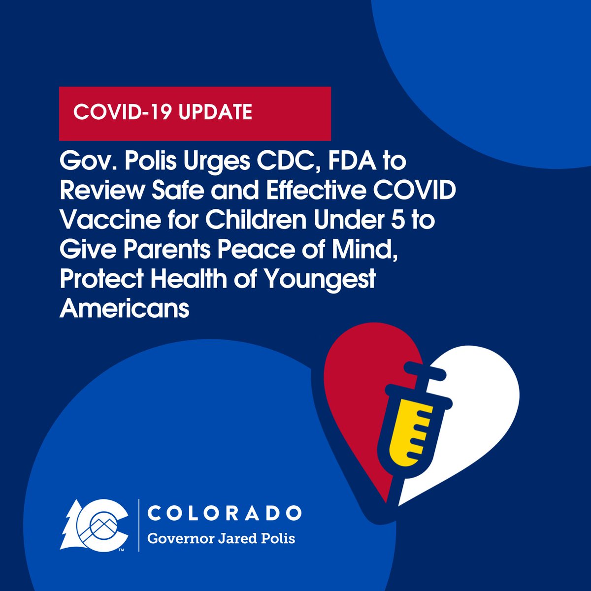 GovofCO's tweet photo. I urge the FDA to approve an ACIP to review Moderna’s application this Thursday to give parents peace of mind and cut red tape to help families safely visit their relatives or enjoy summer activities with peace of mind. https://t.co/rNMYxzKIL1