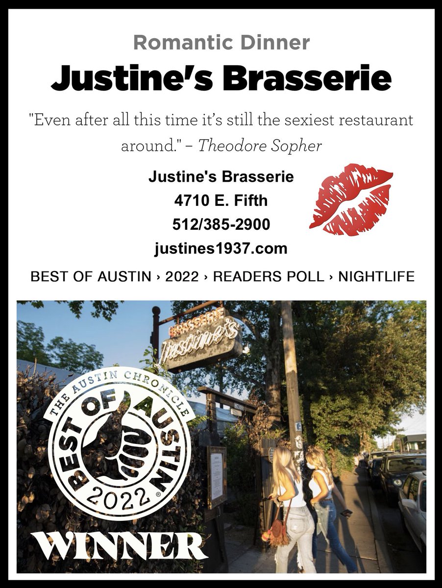 Still the sexiest restaurant :) ❤️
#bestofaustin2022 Readers Poll~ Nightlife
THANK YOU, babies, always! 💥🏆💋💋💋💋💋 
Wild hearts, moon in the sky, the nightlife in it’s dark expanse can make you as free and alive as the daytime ever did… 

📸 : John Anderson