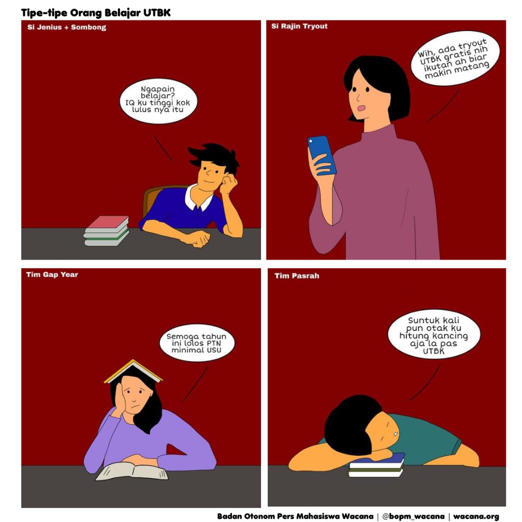 BOPM_Wacana's tweet photo. Jadi untuk kalian yang sedang mengikuti UTBK jangan lupa berdoa dan belajar ya dan pastinya harus tetap semangat !!! 

Kalian tim mana nih? Komen di bawah ya 😁

#kamiskomik
#komikstrip
#UTBK2022
#UTBK
#tryout2022 https://t.co/yI2LcIPzyz