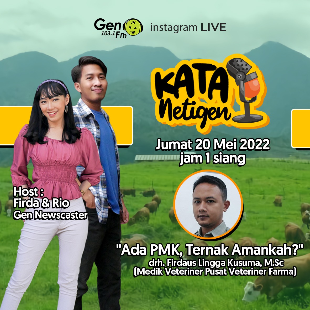 gen1031fmsby's tweet photo. Kira-kira, wabah penyakit mulut dan kuku (PMK) pada hewan bisa menular ke manusia nggak yah?
Skuy, temuin jawabannya di #KataNetigen live ig siang ini ya!
@rio_rodi + Firda
#InfoGen
#gen1031fmsby
#PMK https://t.co/iEXMFoAKE2