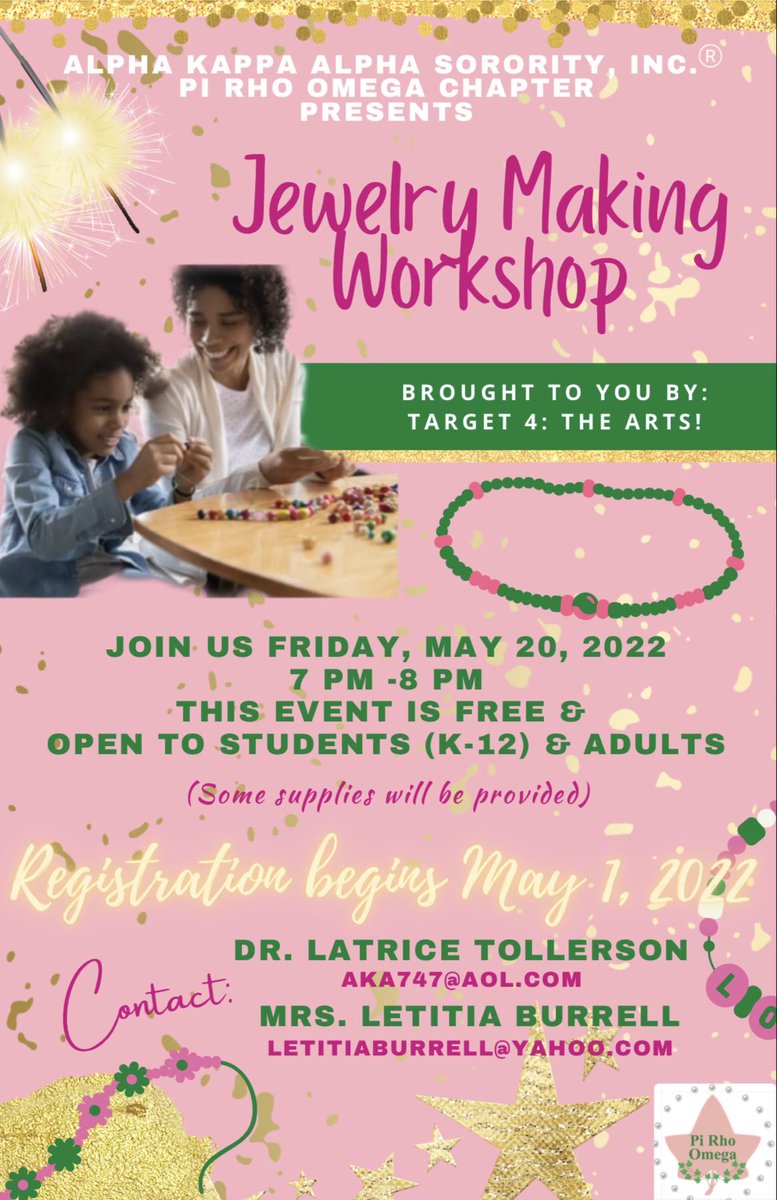 PiRhoOmegaAKA's tweet photo. Join us TOMORROW for an evening of expression as we make jewelry together.  Grab your children, grandchildren, friends, and family for a creative learning experience.  For more information and registration please see flyer for contact information! #aka1908 #midatlanticaka #proaka https://t.co/XVhG62KcO8