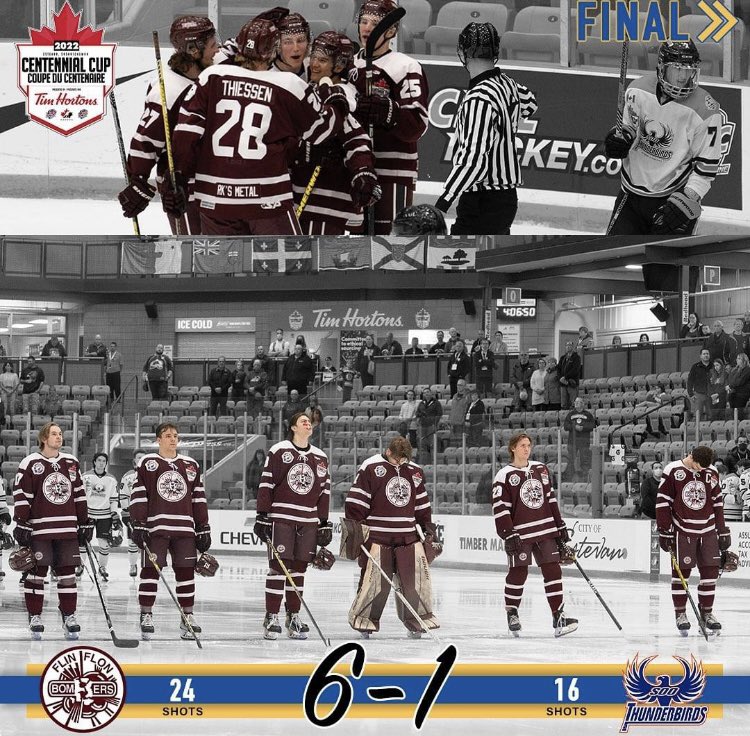 Bombers begin the Centennial Cup with a 6-1 win over the Soo Thunderbirds 

Martens, Kuzma, Vockler, Lapointe, Mercier and Wieschorster were the goal scorers 

Schell made 16 saves in the win

Next up for the Bombers is <a href="/TheCCHL/">The CCHL</a> <a href="/OttawaJrSens/">Ottawa Jr. Senators</a> on Saturday