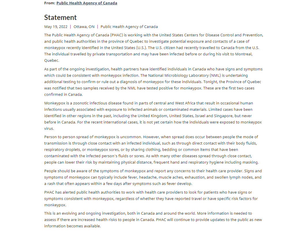 Canada has confirmed its first 2 cases of monkeypox. Public Health Agency of Canada statement below. Previous story for context: cbc.ca/news/canada/mo…
