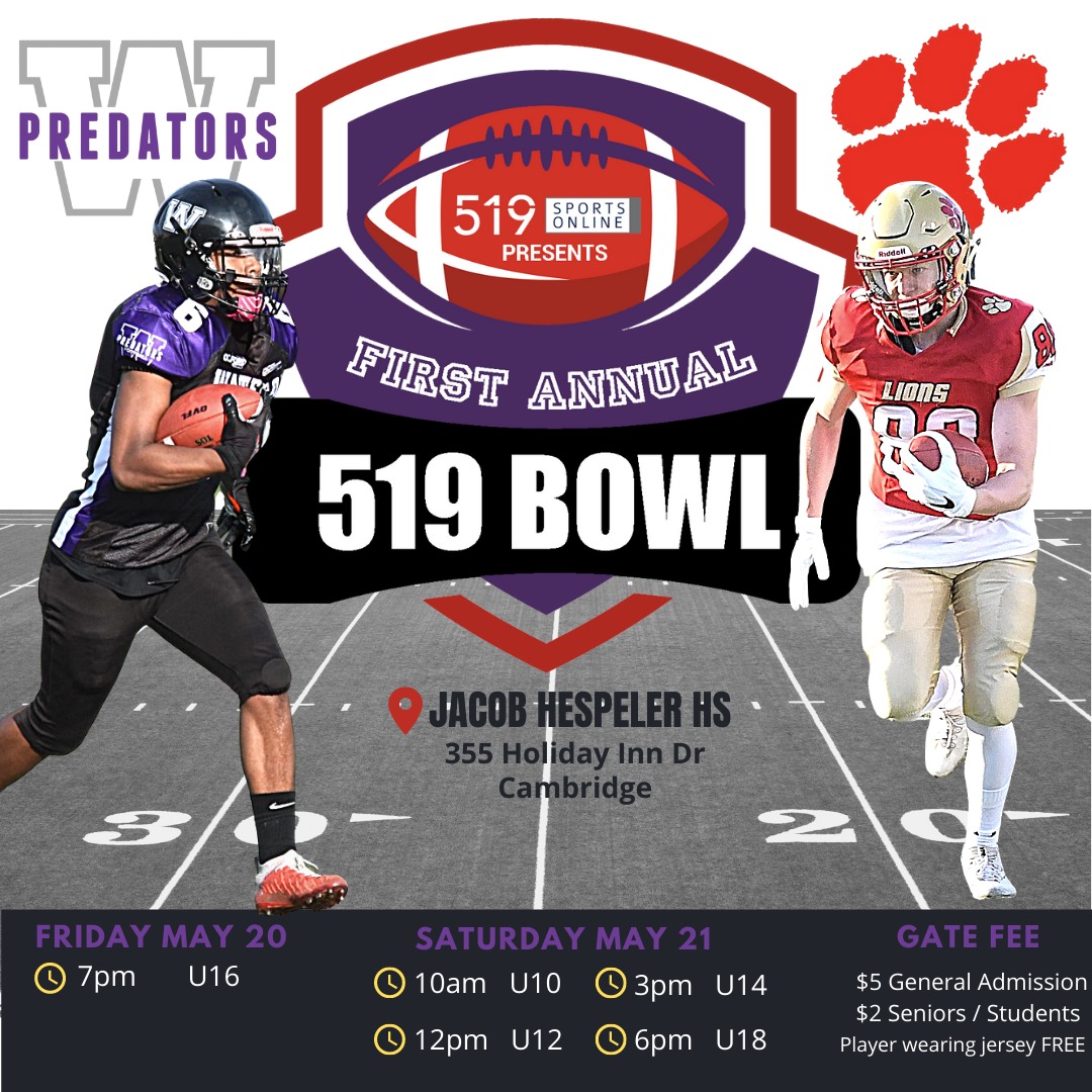 < 24hrs until the kick off of the Inaugural #519Bowl hosted by @CMFALions. @CTVKitchener @cambridgetimes @wlchronicle @CityNewsKIT @snapdCambridge @cambridge_today @WR_Record @570NEWS @1053davefm @CHYM967 @915theBeat you don't want to miss this. Bring the community cruiser!