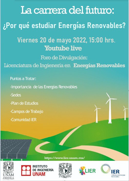 ¡Sé parte de la Licenciatura de Ingeniería en Energías Renovables👷🏻‍♀️👩🏽‍🔬🧑🏼‍🔧👨🏻‍💼👨🏿‍🏭!

Conoce todo sobre la #LIER en el Foro de Divulgación: ¿Por qué estudiar #EnergíasRenovables 🤔?

🗓 Mañana (viernes 20 de mayo)
🕰 15:00 h
📡 YouTube: youtu.be/zZtyg-HDfIM

¡Te esperamos 👏🏻!