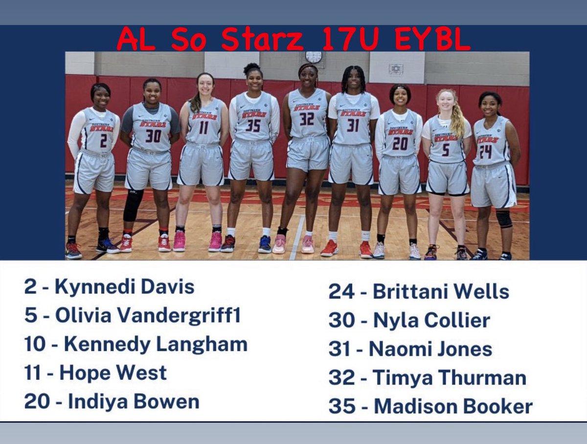 Check out the 16u and 17u AL Southern Starz EYBL teams FRIDAY night in Hoover (Finley Ctr)

5:50p 17U at court 9
8:10p 16U at court 7
<a href="/ALSoStarz/">AL Southern Starz</a>