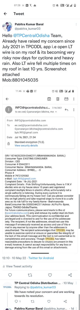 pabitra_kumar03's tweet photo. @TPCentralOdisha @TataPower @dm_jajpur @MoSarkar5T It's been 10 days &amp; I couldn't get any updates that you are working towards this major concern. Consider this as it's a completely risky for life of a family.Going forward @TPCentralOdisha will be responsible for any injury. https://t.co/BFm2A6SPh3