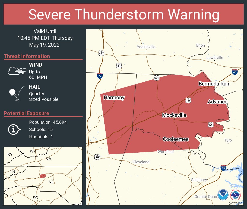 Severe Thunderstorm Warning including Mocksville NC, Bermuda Run NC and  Advance NC until 10:45 PM EDT