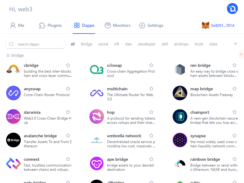 DBotWeb3's tweet photo. 🤩#Dtools Decentralized Application Management page is here!!
✨Support more than 2,000 Dapps
✨Support collection of Dapps
✨Connect Dapps by one-click
There are more modules that will be released one by one, stay tuned!!
#Ethereum #Solana #ProgramFi #ToolFi https://t.co/n8iBCE9fim