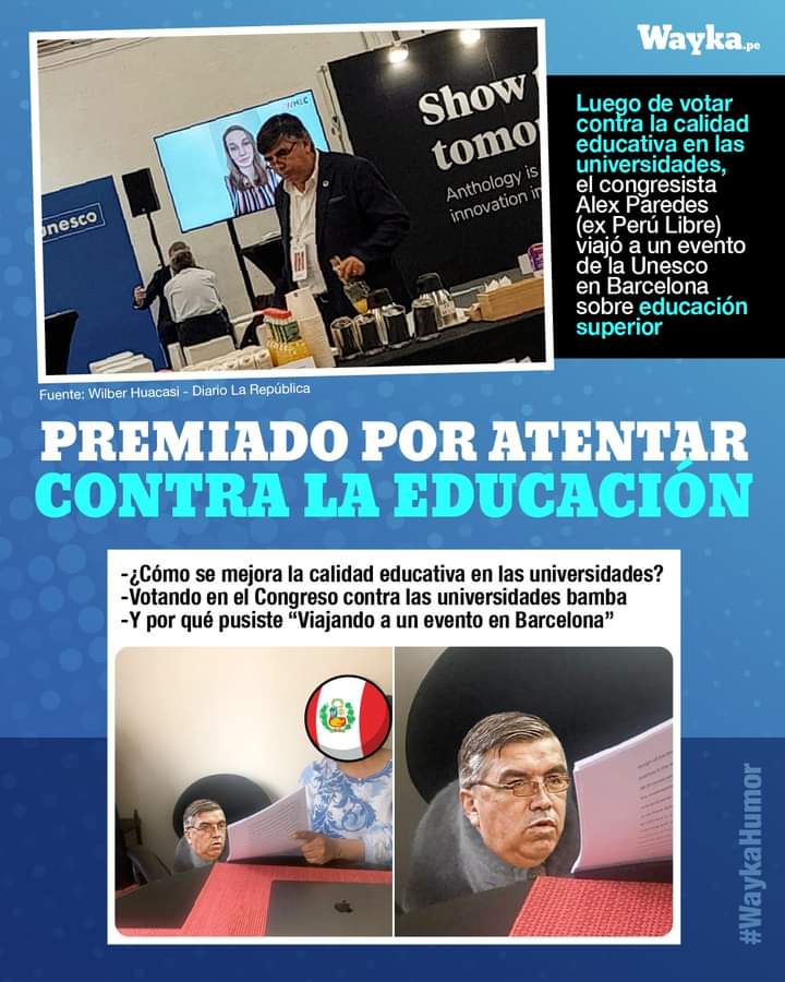 WaykaPeru's tweet photo. En el #Perú, votar contra la calidad de la enseñanza en universidades se premia con... un viajecito. 😬 #WaykaHumor https://t.co/sK2EzchGSO