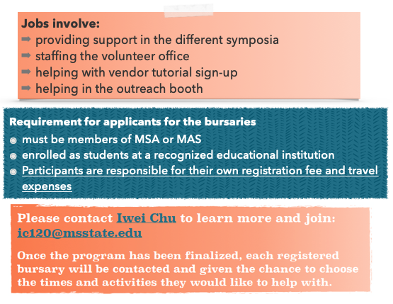 MSAStudent's tweet photo. M&amp;M 2022 needs more student bursaries now! Don’t miss this great chance to join conference support work and offset your meeting costs.  Please contact Iwei Chu to learn more and join the Student Bursary program: ic120@msstate.edu. https://t.co/w6A5FIKJNB
