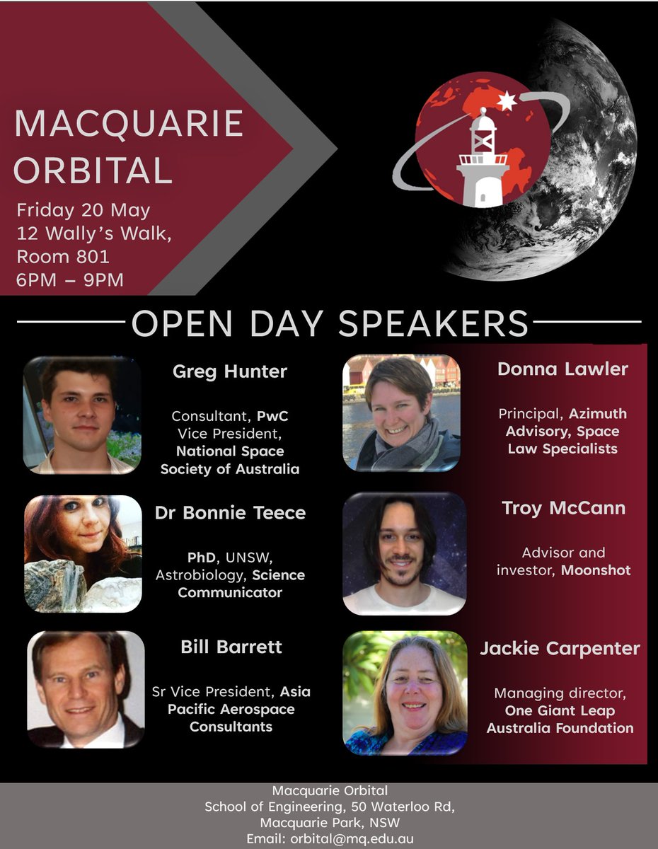 Come along to @Mac_Orbital’s Open Day! Join @Macquarie_Uni’s space program and learn from industry experts as they talk about how you can tailor your degree to be ready to enter the industry that is literally out of this world! Hosted by @MQEngineering. #Space #CubeSat #FreeFood!