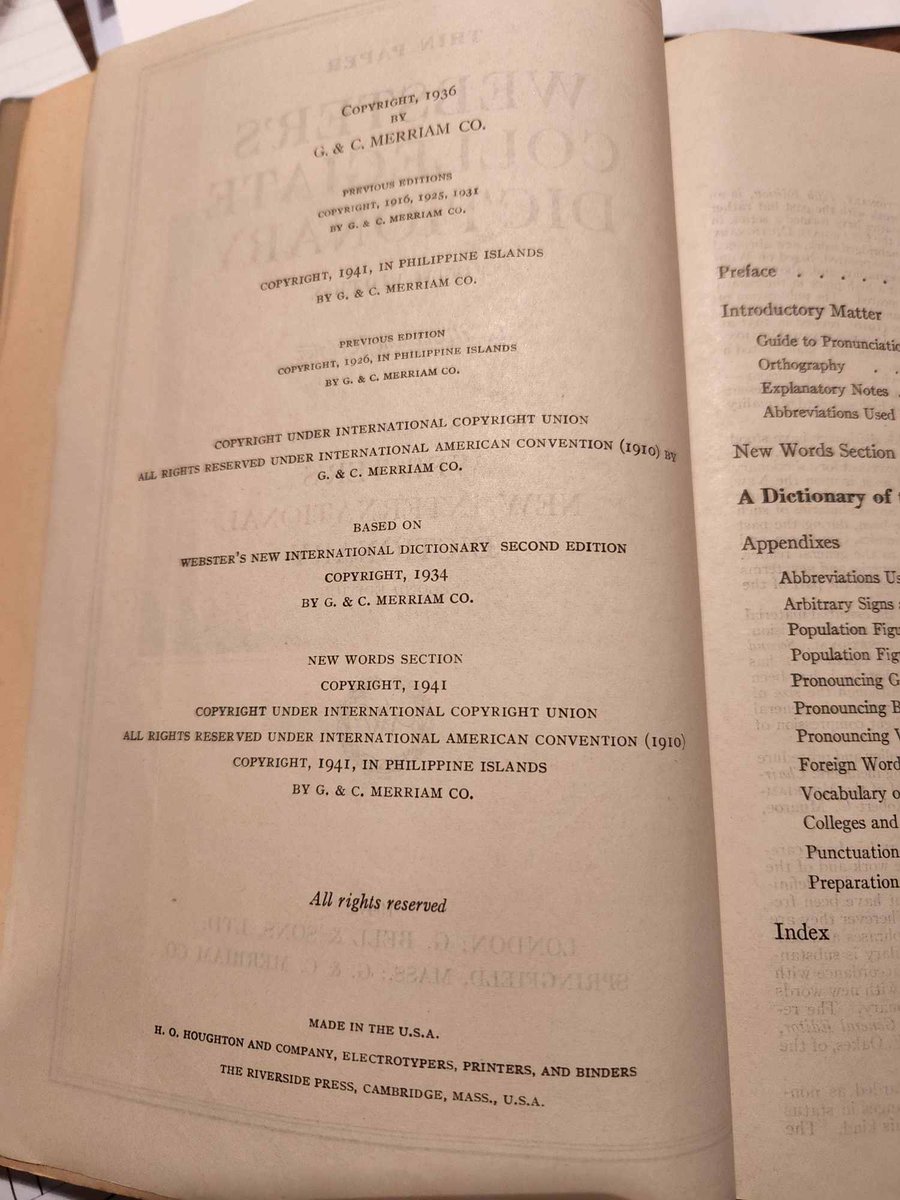 officialerickao's tweet photo. @MerriamWebster @KoryStamper I have a 5th Edition Webster's Collegiate Dictionary that belonged to my grandfather.  I am trying to pinpoint when this was published but I am confused by all the copyright dates.  There is reference to 1940 census data.  Any thoughts? https://t.co/xahTaYi2Da
