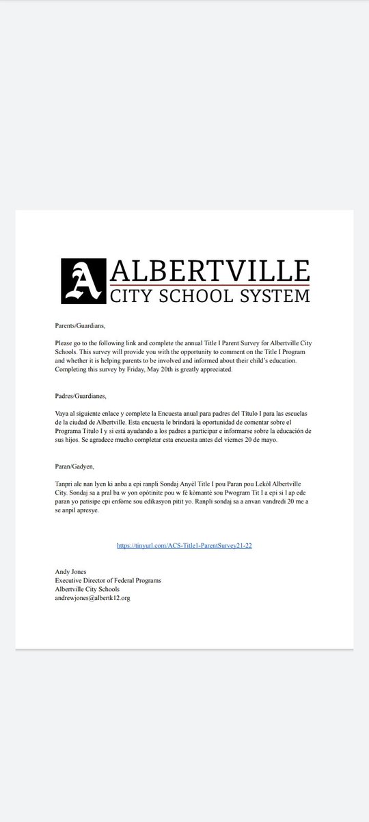 AvilleCityBOE's tweet photo. Please complete Title I parent survey by tomorrow. https://t.co/hJzhhGuMMV https://t.co/7h6ANaKiu9