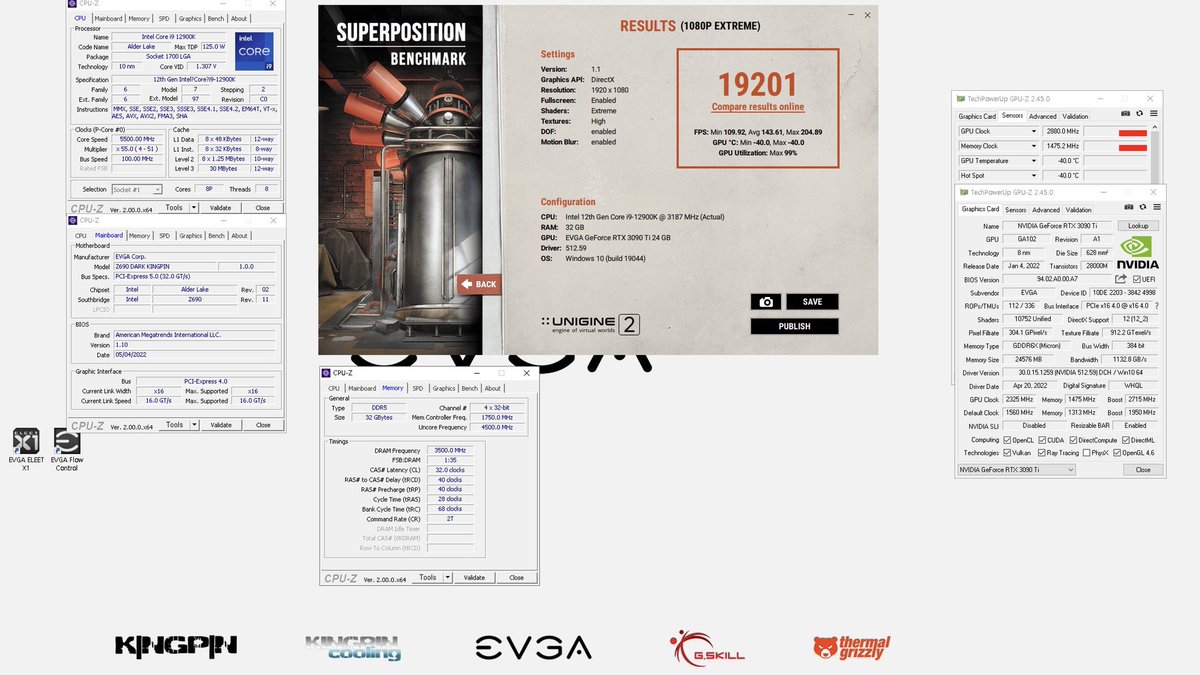 bumfoto1's tweet photo. The competition begins

🥇3DMark Port Royal (1x) - 19,771
🥇Unigine Superposition 8K - 11,445
🥇Unigine Superposition 1080P X - 19,201

EVGA RTX 3090 Ti K|NGP|N
EVGA Z690 Dark K|NGP|N

thanks to EVGA / Vince and his teammates for creating this beast 💥

@TEAMEVGA @EVGA_JacobF https://t.co/pgokfVyy9a