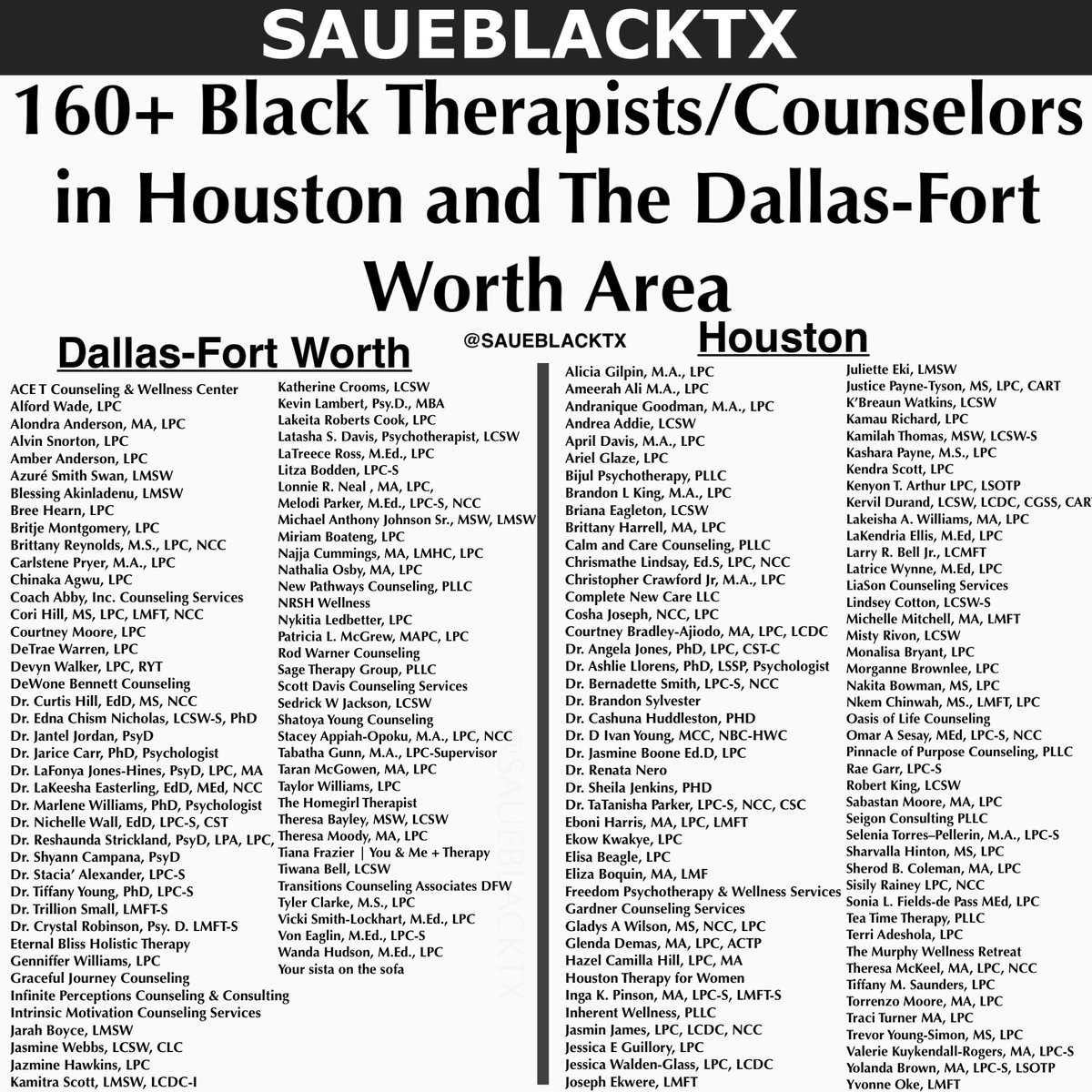 Shea Jordan Smith on Twitter "RT SAUEBLACKTX 160+ Black Therapists