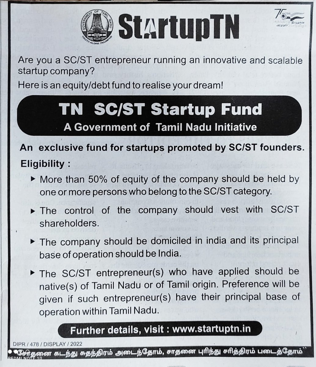aprsiva's tweet photo. Happy to share that we are accepting applications for TN - SC/ST Startup Fund from today onwards. 
This is an exclusive 30 crore equity/collateral free debt fund created for Startups founded by SC/ST entrepreneurs. 
Please apply at https://t.co/CeI0Z26wvu https://t.co/0KAVwmFHd0