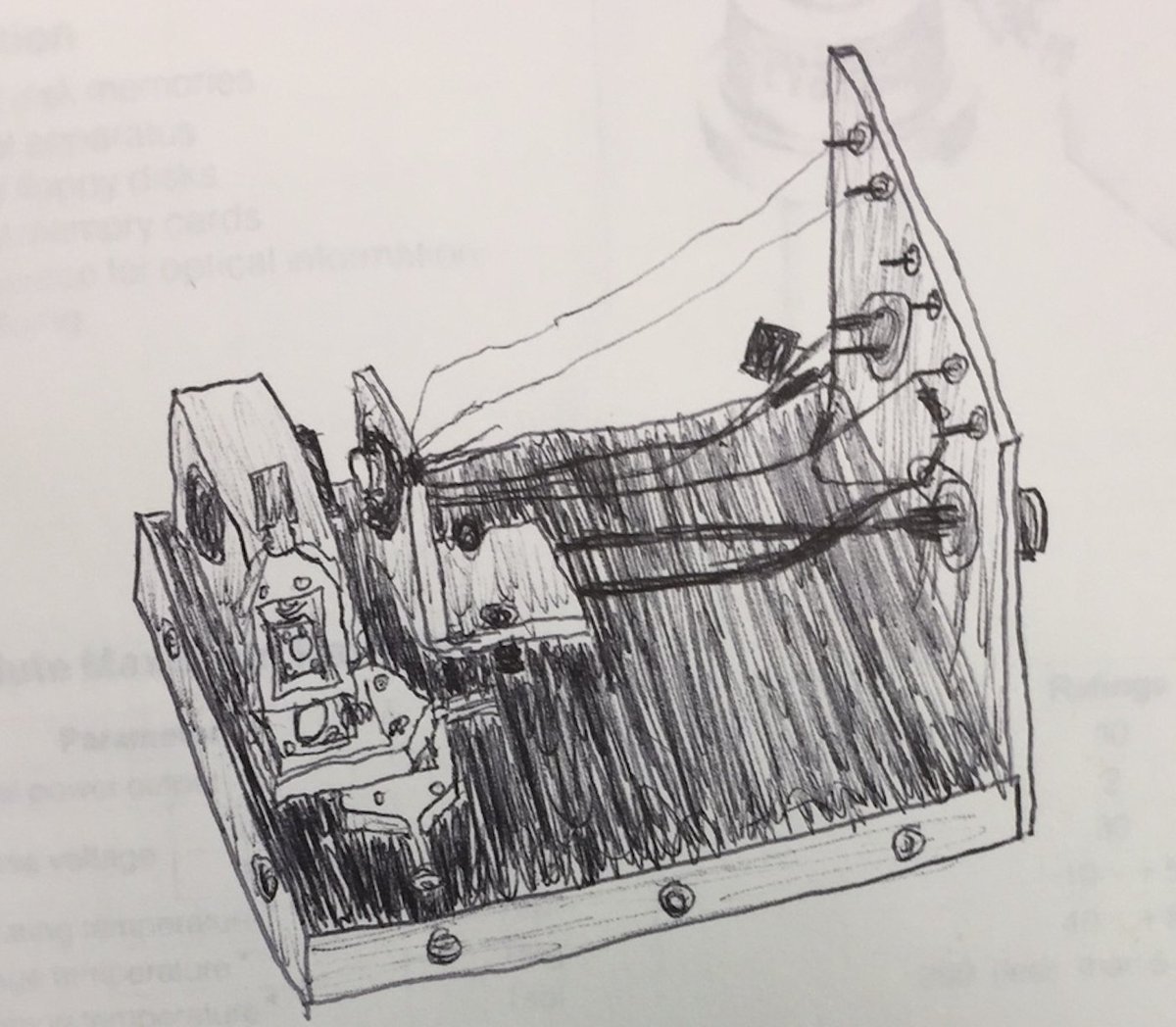 QuantumAephraim's tweet photo. Time for another #ThrowBackFigure
Perspective drawing of an assembled diode-laser case, from back in the day when we didn't have cell phone cameras (or #CAD or even #MacDraw).
I spare you the similarly hard-to-decipher drawings intended for the poor machinists!
#artandscience https://t.co/ZeaLdybO3O