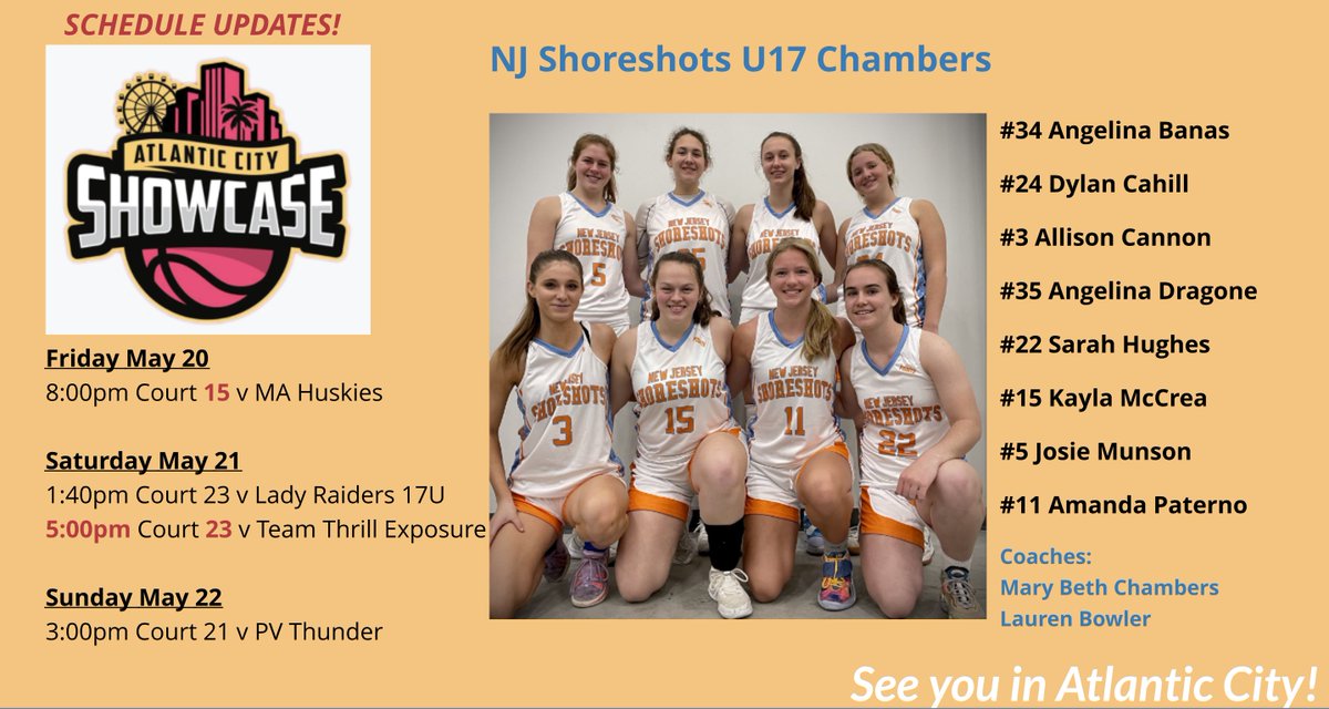 Let's goooooo! Updated schedule below. Follow us at basketball.exposureevents.com/186370/atlanti…
<a href="/SelectEventsBB/">Select Events Basketball</a> <a href="/ShoreshotsGirls/">Shoreshots Girls - Select 40</a> <a href="/TinyGreenNBS/">Coach Tiny Green</a> <a href="/MBHoops10/">Mary Beth Chambers</a> <a href="/laurenbowls/">Lauren Bowler</a>