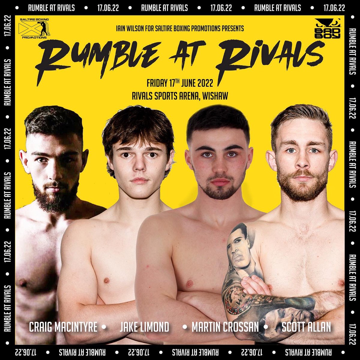 SHOW ANNOUNCEMENT 🚨 

RUMBLE AT RIVALS
JUNE 17th
RIVALS SPORTS ARENA, WISHAW

We are delighted to announce a new Saltire Boxing show that will feature some of our boxers!

Boxing line up for the night will be 

<a href="/titletaker1/">Scott Allan</a>
MARTIN CROSSAN
JAKE LIMOND
<a href="/craigmacintyre_/">Craig MacIntyre</a>

🙌🏴󠁧󠁢󠁳󠁣󠁴󠁿🥊