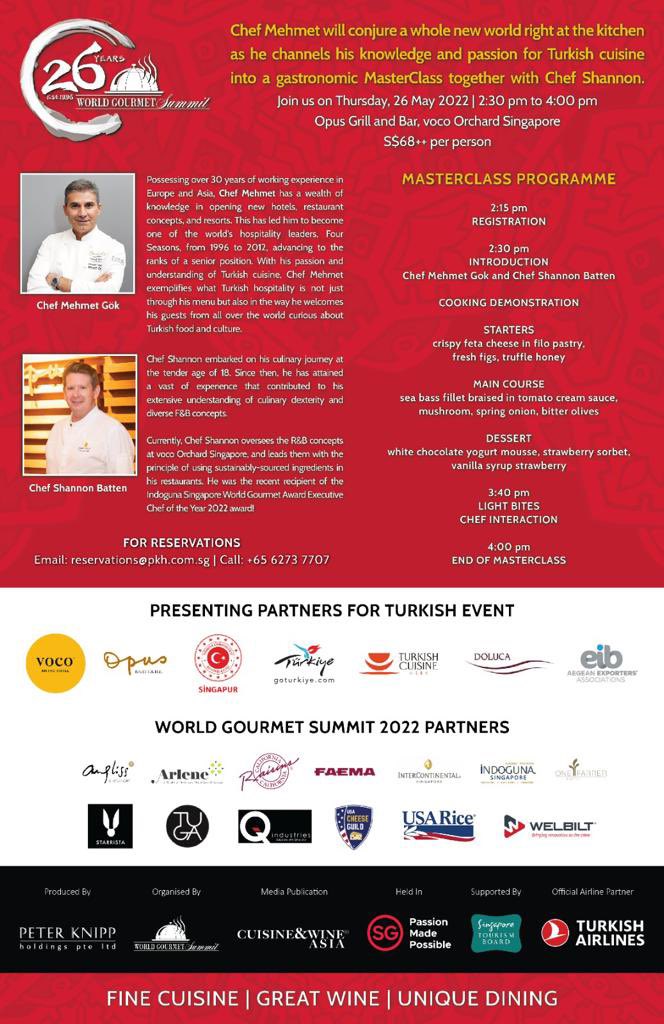 As part of #TurkishCuisineWeek, pls join <a href="/ChefMehmetGok/">Mehmet Gök</a> &amp; Chef Shannon <a href="/vocohotels/">voco hotels by IHG</a> Orchard on May 26th from 2.30 to 4.00pm. Tap into Türkiye’s 🇹🇷 gastronomic experience❗️For reservations➡️ reservations@pkh.com.sg or call +65 6273 7707 For more info:  tinyurl.com/4bt99bzh
