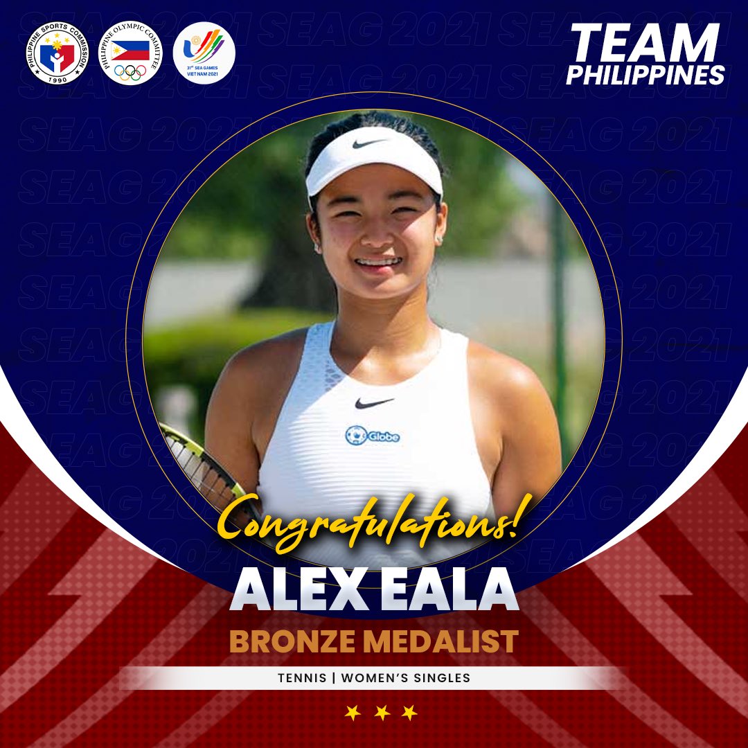 psc_gov's tweet photo. 𝐁𝐑𝐎𝐍𝐙𝐄 𝐌𝐄𝐃𝐀𝐋 𝐖𝐈𝐍!🥉🎾

Team Philippines’ tennis teen sensation Alex Eala clinched her second #SEAGames31 bronze medal in the Women’s Singles event.

Congratulations Alex!

Mabuhay ang #GalingngAtletangPinoysaHanoi! 

#IAmSportsPositive
#parasainangbayan https://t.co/s8qQ7pqi8h