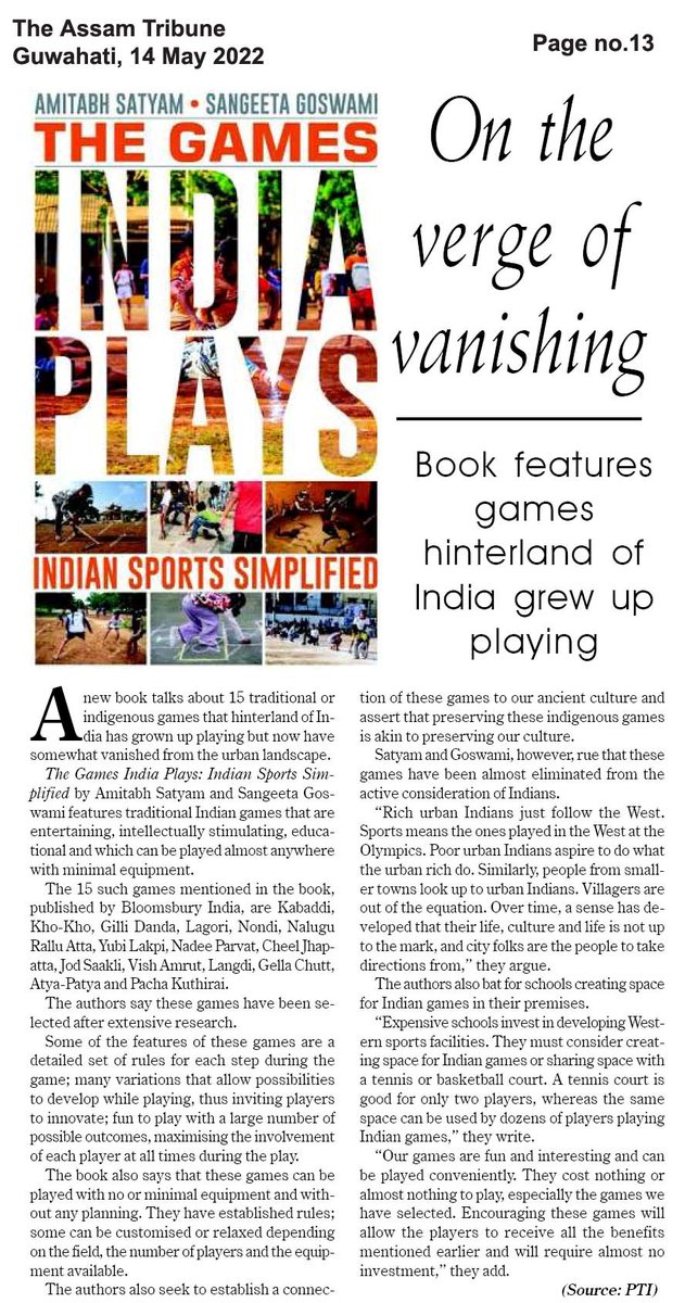 BloomsburyIndia's tweet photo. "A new book talks about 15 traditional or indigenous games that hinterland of India has grown up playing but now have somewhat vanished from the urban landscape." - @assamtribuneoff about The Games India Plays by @amitabhsatyam &amp; @SangSri29 https://t.co/iI8HNOGGDS