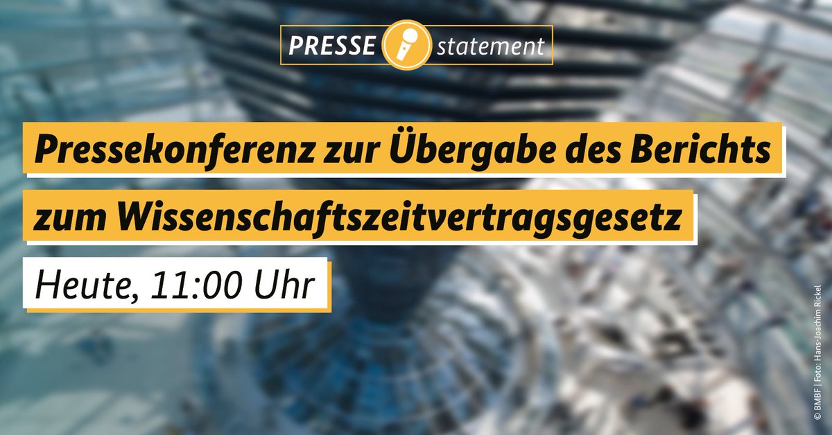 🎥 Livestream zur Pressekonferenz zur Übergabe des Berichts zum #Wissenschaftszeitvertragsgesetz mit Bundesbildungsministerin @starkwatzinger: bmbf.de/livestream
#wisszvg