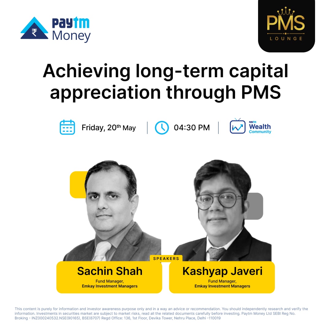 PaytmMoney's tweet photo. Capital Appreciation is the ultimate goal for investors but how do you achieve this in the long run?
Join us at #PMSLounge in association with @PmsBazaar as @Mr_SachinShah & @JaveriKashyap from @EmkayInvestment share their insights on this.
Join here: https://t.co/eEMJPLMGoM https://t.co/dqlcKvtlOy