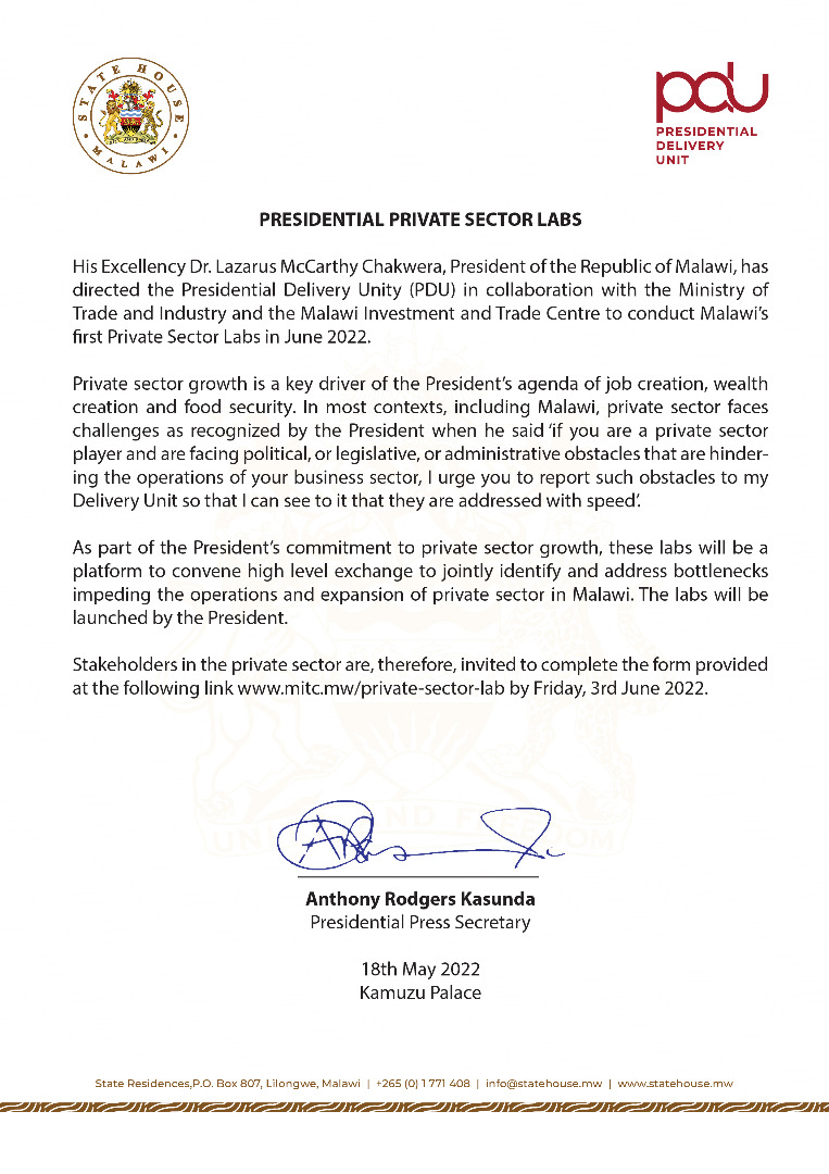 MalawiPdu's tweet photo. H.E. @LAZARUSCHAKWERA has directed @MalawiPdu in collaboration with @MoITTMW &amp; @MITC_Malawi to conduct Malawi's first Private Sector Lab in June 2022 as part of his commitment to Private Sector growth

Stakeholders are invited to complete the provided form
https://t.co/BmGd2ka9Su https://t.co/7j0HLaqdvx