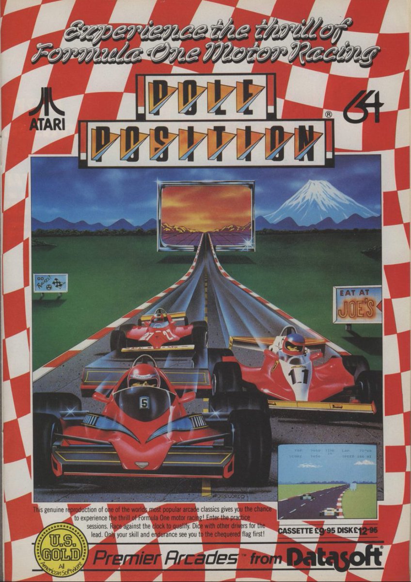 TakodanTweets's tweet image. Really cool 1985 advert for the game &apos;Pole Position&apos; by #USGold #Datasoft #Atari on #Commodore #C64