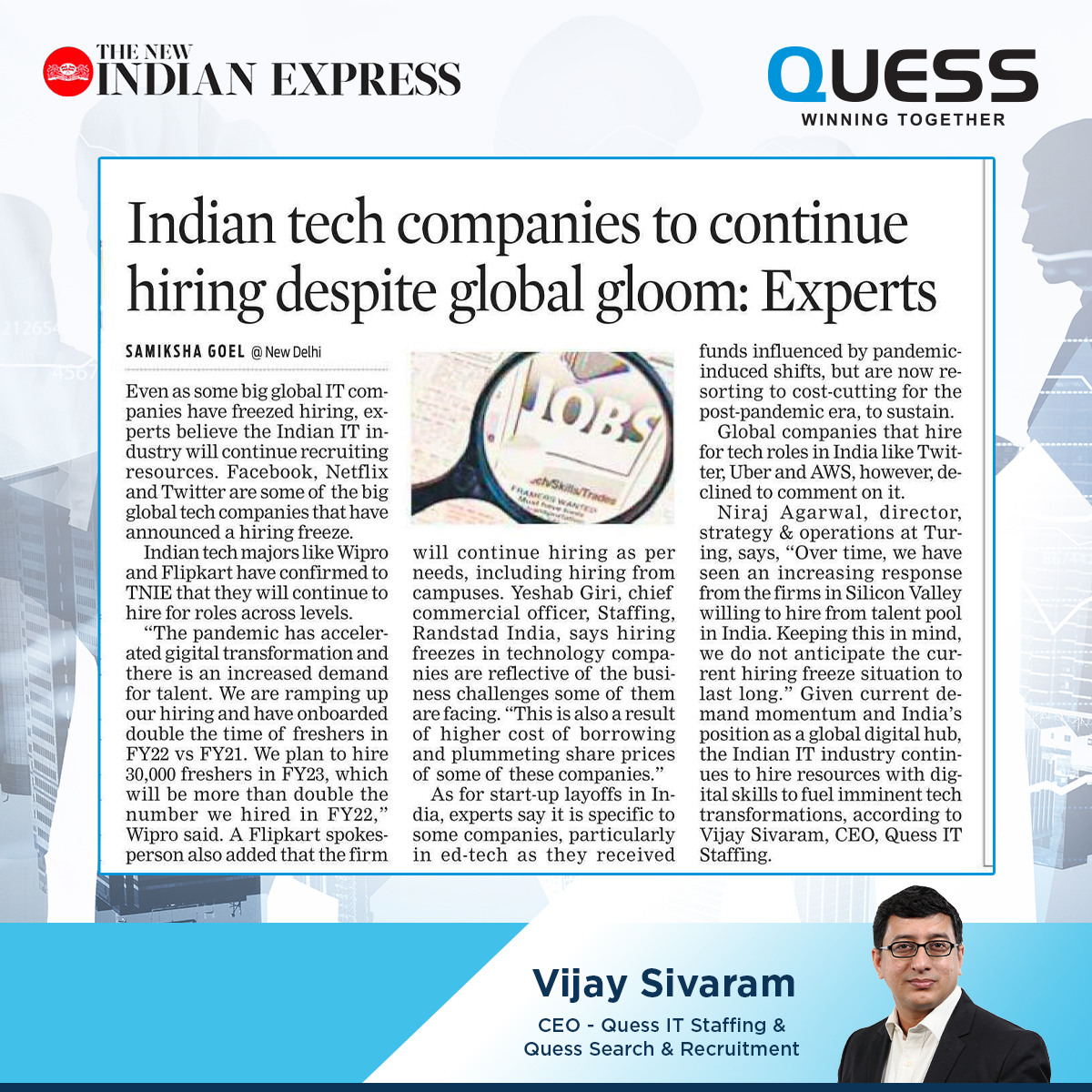QuessITStaffing's tweet photo. Will the hiring freeze in the US tech industry impact India? Vijay Sivaram weighs in, in the latest edition of The New India Express. 

#quesscorp #quessitstaffing #techhiring #techindustry https://t.co/DMiaL9uyQY