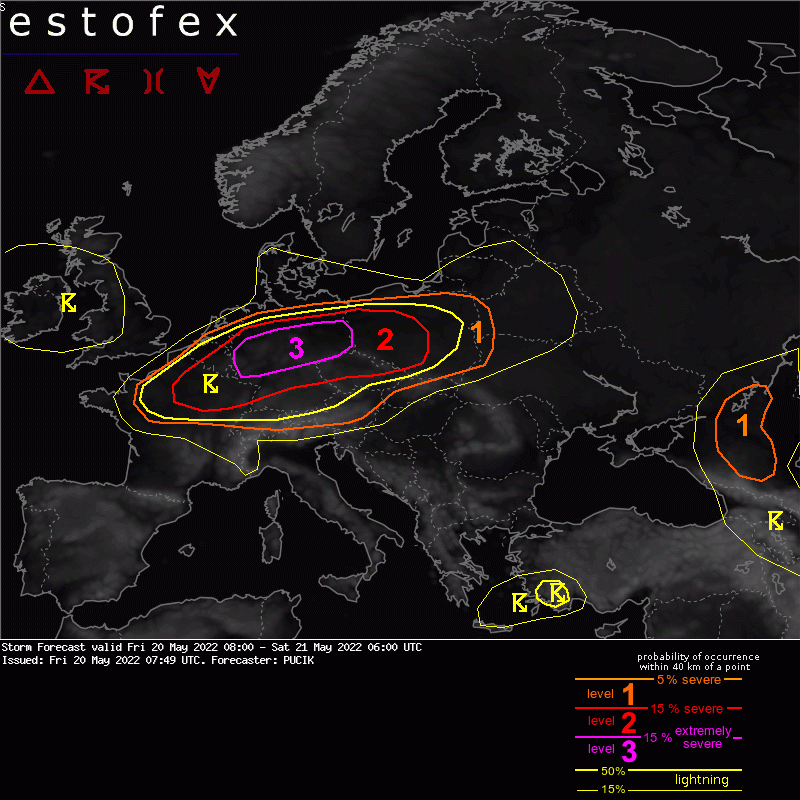 Estofex's tweet image. Storm Forecast: Level 3 issued by Pucik for period Fri 20 May 2022 08:00 - Sat 21 May 2022 06:00 UTC - bit.ly/385y2QC
 -