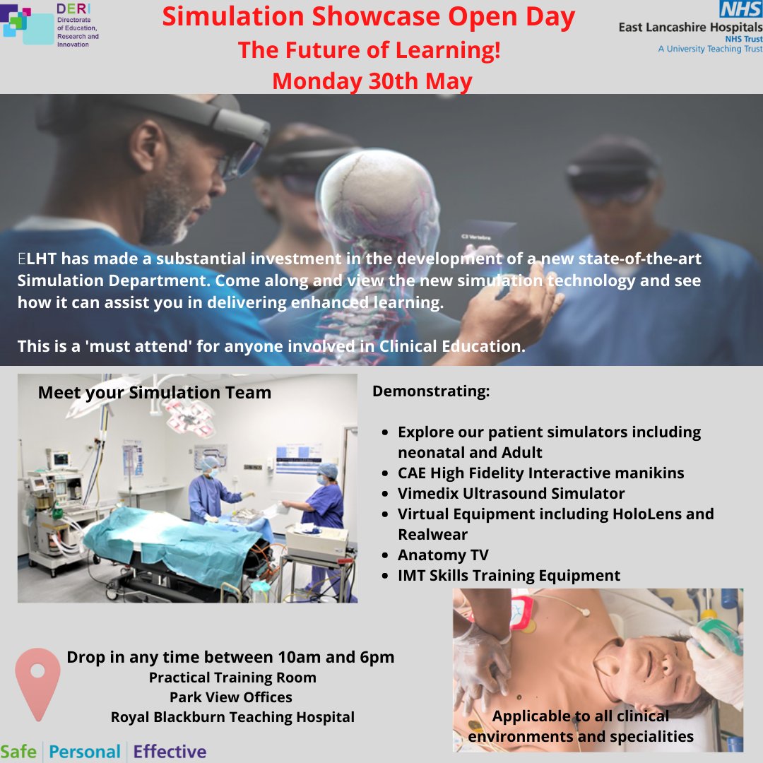 A reminder that the Simulation Team are showcasing their new state-of-the-art technology! You will be given the opportunity to look at the new simulation technology and learn about how it can assist you when delivering enhanced learning! Drop in is between 10-6! 
#NHS #ELHT #DERI