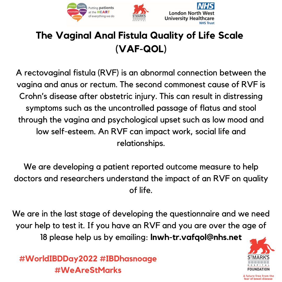 St Mark's Research Fellow Charlene is in the final  phase of the Vaginal Anal Fistula quality of life (VAF-QoL) study and needs your help to test it! If you have an RVF &amp; over 18 please email lnwh-tr.vafqol@nhs.net to take part.

#WeAreStMarks #research #education #innovation