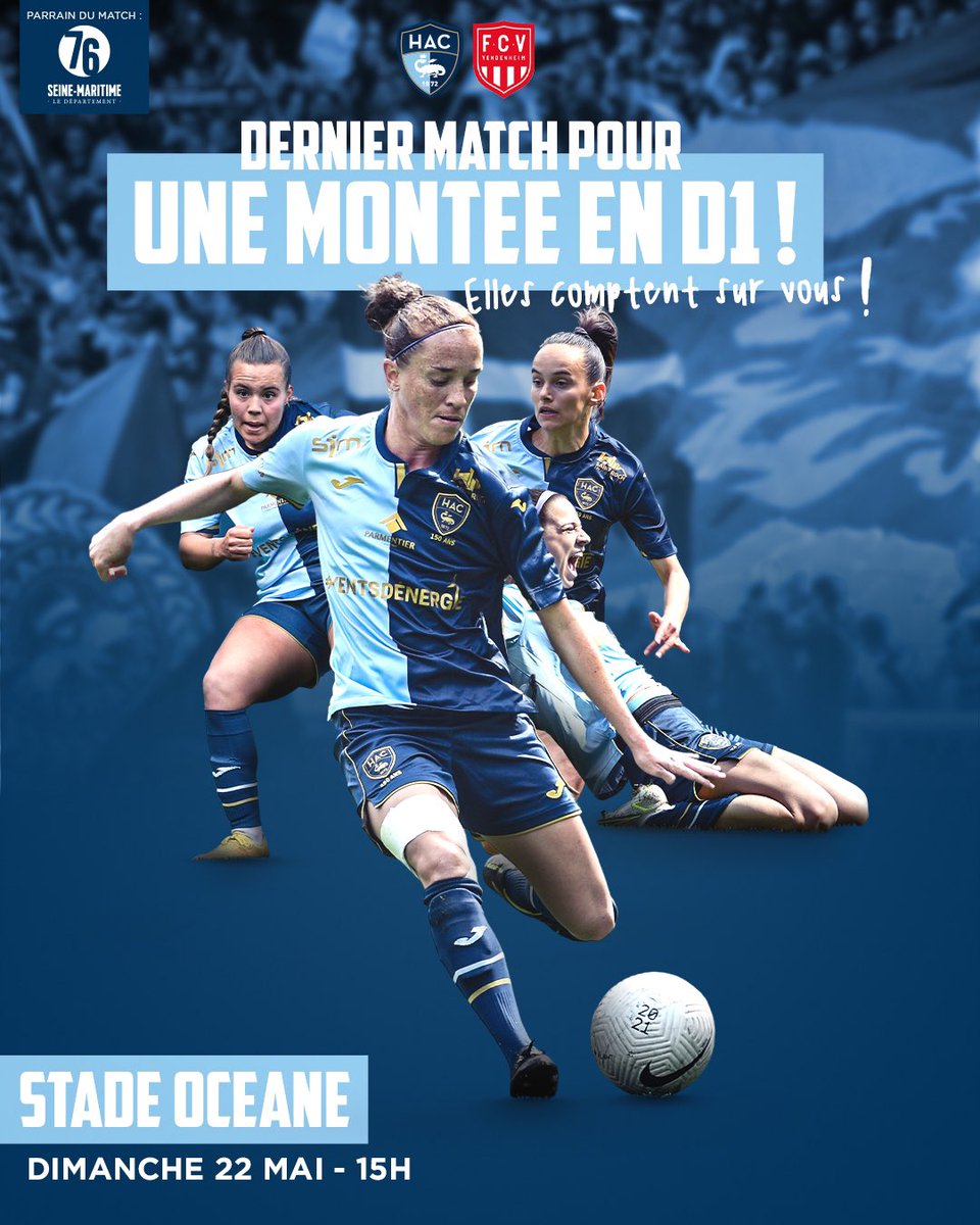 ⏳ 𝙅-𝟮… Ce dimanche, pour le dernier match de la saison, les 𝗛𝗔𝗖𝘄𝗼𝗺𝗲𝗻 jouent leur montée en @D1Arkema ! Rendez-vous dimanche, au Stade Oceane, à 15h ! 💪 🎟 Pour réserver votre place : cutt.ly/FHPAsND