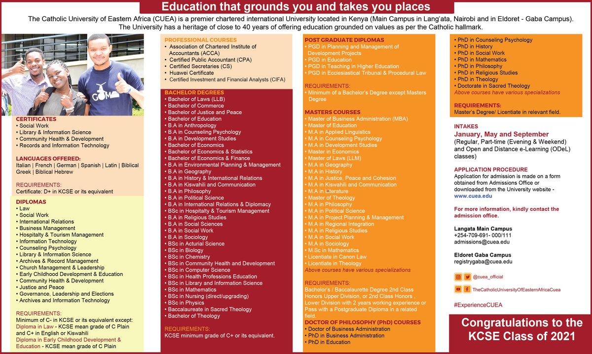 VcCuea's tweet image. We at @CUEA_OFFICIAL  inspire transformative leaders. We welcome you for our September 2022 Intake which is ongoing.
 cuea.edu 
#KCSE2021 #ExperienceCUEA