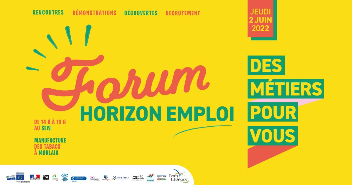 🔵 Le Pays de Morlaix et ses partenaires organisent un nouvel évènement : "Forum Horizon emploi : des métiers pour vous !" 

Vous êtes salariés, demandeurs d'emplois, personne en reconversion, jeunes étudiants… Venez découvrir les métiers qui recrutent ! Et c'est le 2 juin ! 🚀