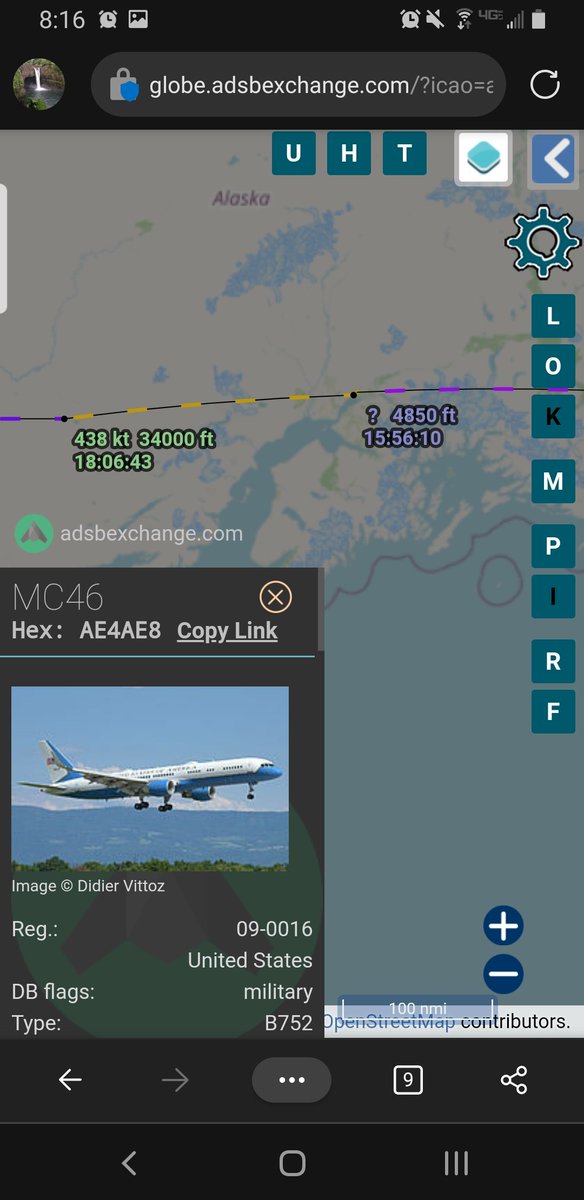 norb420's tweet photo. 2) #ADFDF8 as #AF1 #AE4AE8 as #MC46(BACKUPAF1) and #ADFEB3 as #JADE99 looks like 2 hours on the ground in Anchorage, AK. Judging by where #AE4AE8 is being track, Im going say #JADE99 is probably close to RODN. #AE4AE8 is going to Osan Air Base RKSO #AF1 to Seoul Air Base RKSM https://t.co/SLu5jdWQy1